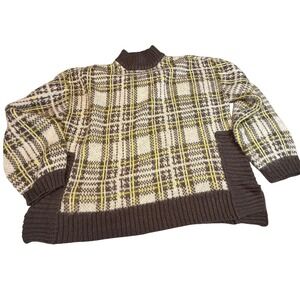 Nine West Plaid Mock Neck Knit Sweater XL Brown Yellow White Long‎ Sleeve Casual